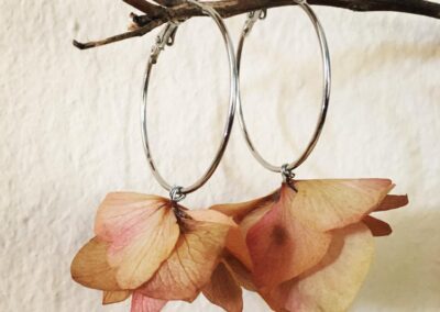 Pink hydrangea earrings, made of hortensia flowers and steel pendant rings